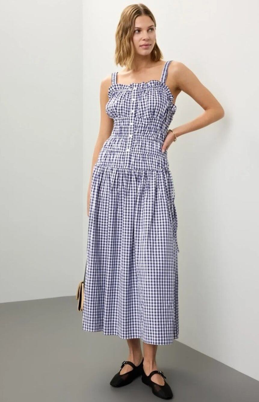 Jason Wu Navy Gingham Cotton Midi Dress Size 0 Blue White Check XS